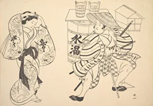 An Oiran Rearranging Her Hair in the Street while a Young Samurai Looks An Oiran Rearranging Her Hair in the Street while a Young Samurai Looks