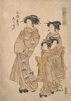 The Oiran Shirayu of Wakanaya attended by Two Kamuro and Shinzo, ca. 1778