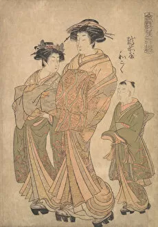 The Oiran Wakoku of Echizen-ya attended by a Shinzo and a Kamuro, ca. 1778