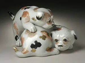 Annoying Prints: Okimono in the Form of a Pair of Gamboling Piebald Puppies, 19th century. Creator: Unknown