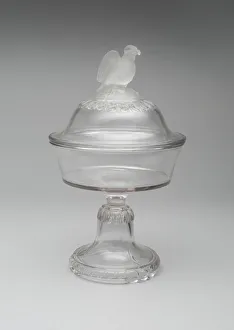 Frosted Glass Prints: Old Abe / Frosted Eagle pattern medium covered compote on pedestal, 1880 / 90