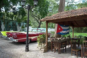Old American cars and the Cuban flag at the Bosque, Havana, Cuba, 2024. Creator: Ethel Davies