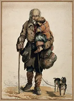 Ragged Prints: An old blind man holding a child walks guided by his stick and dog. Creator: Unknown