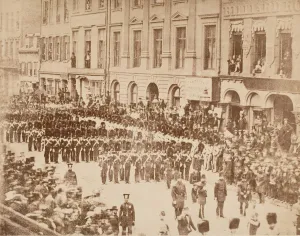 March Gallery: Old Boston Fuseliers on State Street, 1858. Creator: Unknown