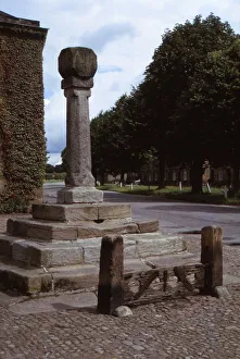 Ripley Prints: Old cross and stocks in village market square