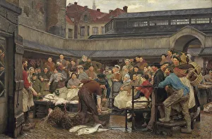 Aprons Prints: The Old Fish Market in Antwerp in 1882. Creator: Edgard Farasyn