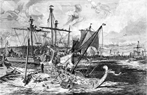 Old Greek War Ships at the Battle of Salamis, 480BC, 1886. Creator: Unknown