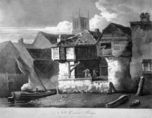 South Bank Prints: Old houses on Bankside, near London Bridge and St Saviours Dock, Southwark, London, 1810