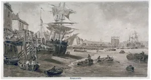 Old houses and boats on the riverbank at low tide, Greenwich, London, c1823