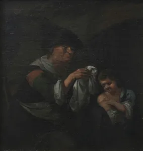 Old Lady Prints: Old Lady Inspecting a Boy's Linen, 1748-1800. Creator: Unknown