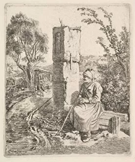 Johann Christian Erhard Gallery: An Old Lady Sitting Near a Pillar at Side of Road, 1819. Creator: Johann Christian Erhard