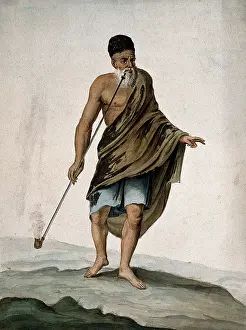 An old man in cloak and turban smoking a long pipe (chibouk), 1800-1899. Creator: Unknown