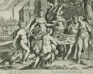 Taste Prints: An Old Man Indulging in Five Senses, c1600. Creator: Adriaen Collaert