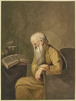 Aged Prints: An old man with a long beard has fallen asleep in his chair while reading. Creator: Leffer