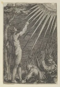 Raimondi Marcantonio Prints: An old man reclining on the ground at right; at left a naked younger man standing p