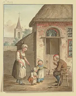Doors Prints: An old man sits in front of a house with a maid and two children