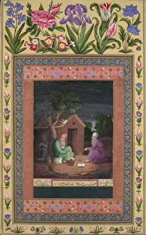 Two Old Men in Discussion Outside a Hut, Folio from the Davis Album, A. H. 1085 / A. D. 1674-75