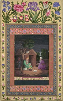 Two Old Men in Discussion Outside a Hut, Folio from the Davis Album, A.H.1085 / A.D.1674-75