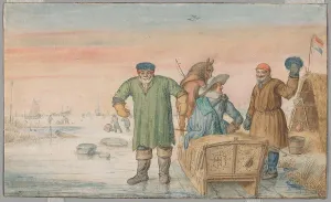 Two Old Men beside a Sled Bearing the Coats of Arms of Amsterdam and Utrecht, 1620/33. Creator: Hendrick Avercamp