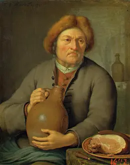Farmhands Prints: Old Peasant Holding a Jug, 1731. Creator: Frans van Mieris II