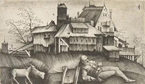 The old shepherd lying in a landscape, buildings behind, a goat and a sheep to th..., ca The old shepherd lying in a landscape, buildings behind, a goat and a sheep to th..., ca