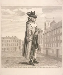 The Old Soldier remarkable for constant attendance at St Paul s, c1760. Artist