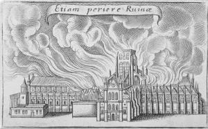 Ablaze Prints: Old St Pauls Cathedral burning in the Great Fire of London, 1666