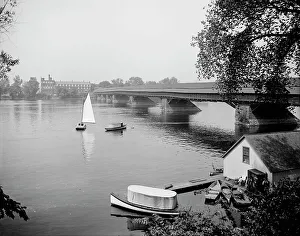 Boating Prints: Old toll bridge and river, Springfield, Mass. between 1900 and 1910. Creator: Unknown