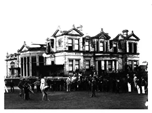 St Andrews Prints: Old Tom Morris outside the Old Course Clubhouse at St Andrews in Scotland, c1900