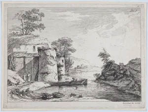 Boisseux Jean Jacques De Prints: Old Towers on a River Bank, 1763. Creator: Jean-Jacques de Boissieu