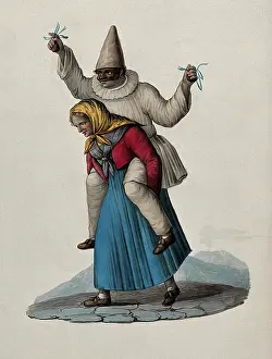 Masked Prints: An old woman is carrying a masked pierrot on her shoulders. Creator: Unknown