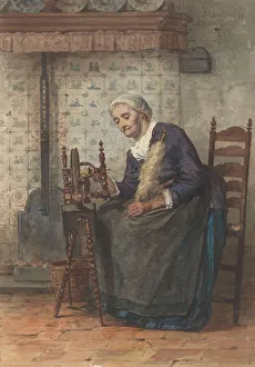 Spinning Wheel Prints: Old woman in interior at spinning wheel, 1878. Creator: Hendrik Valkenburg
