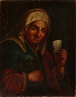 Head Scarf Prints: Old Woman with a Mug, 18th century. Creator: Unknown
