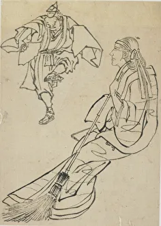 Old woman seated on bench before whom a man with fan dances, late 18th-early 19th century Old woman seated on bench before whom a man with fan dances, late 18th-early 19th century