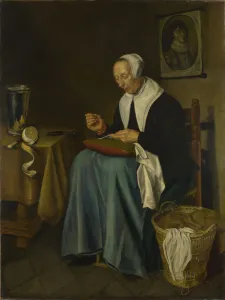 Embroideress Prints: An Old Woman seated sewing, 1655. Artist: Aeck, Johannes van der (1637-1682)