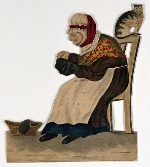 Stephen Prints: An old woman seated, sewing, with a cat on the back of her chair
