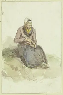 Hardship Prints: An old woman sits on a lawn holding a bowl of milk in her lap