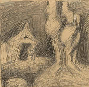 Hardship Prints: Old woman sitting in front of a hut, 1940-1944. Creator: Jan Novak