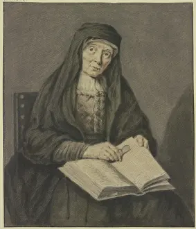 Chalk On Paper Prints: Old woman sitting reading a book