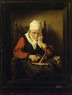 Asleep Prints: Old Woman Spinning, 1658. Creator: Nicolaes Maes