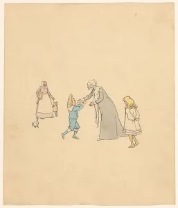 Grandchildren Prints: Older woman receives a boy, c.1880-c.1910. Creator: Anon