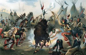 Oleograph of a Sioux war dance, c1890