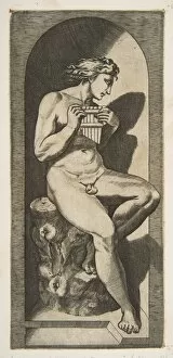 Dente Gallery: Olympus naked seated on a tree stump holding pipes, set within a niche, ca. 1515-27
