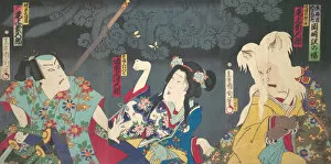 Triptych Of Polychrome Woodblock Prints Gallery: Onoe Kikugoro V as Otowake Neko no ke (Right), Bando Mitsugoro IV as Aisho Michinoku