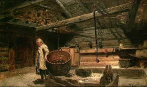 Cooking Pot Prints: Open-Hearth Room at Voss, 1855. Creator: Adolph Tidemand