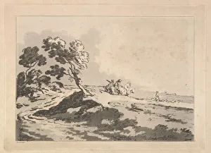 Open Landscape with Three Horsemen in the Middle Distance Heading to the Right, Windblo Open Landscape with Three Horsemen in the Middle Distance Heading to the Right, Windblo