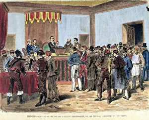 Familias Reales Royal Family Gallery: Opening of the ballot boxes of the polling places in 1871, colored engraving in La