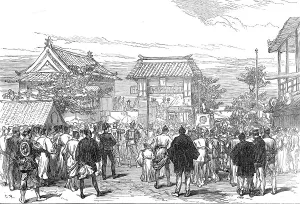 West Prints: Opening of the first railway in Japan: procession at the Saiwai Bashi Gate