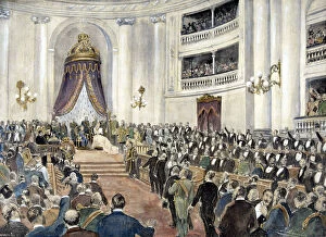 Alphonse Xiii Collection: Opening of Parliament by Queen Maria Christina Habsburgo with her son Alphonse in 1898