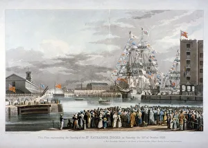 The opening of St Katharines Dock, London, 1828. Artist: E Duncan